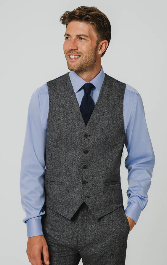 Grau Fischgrätenmuster Tweed Weste