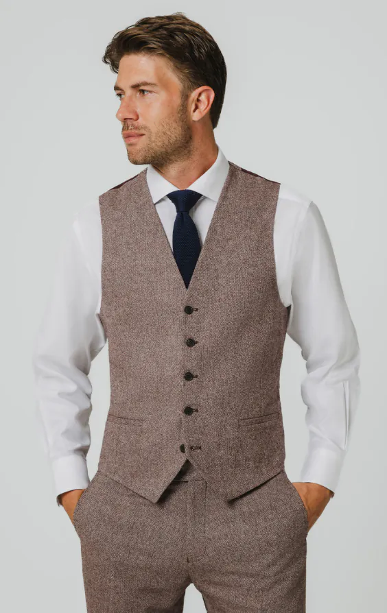 Rotholz Fischgrätenmuster Tweed Weste