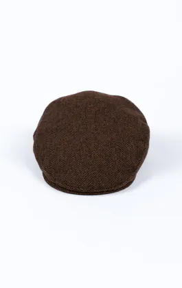 Flache Mütze aus braunem Fischgräten-Tweed