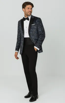Blaue Smoking Jackett mit Paisley-Samtdruck und Steigendem Revers
