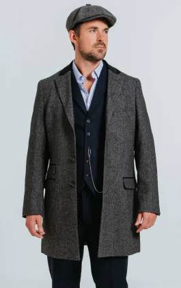 Grauer Fischgräten Tweed Mantel mit Samt Details