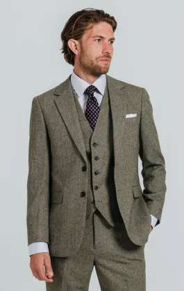 Salbeigrün Fischgrätenmuster Tweed 3-Teilig Anzug