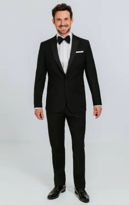 Schwarzer Smoking 2-Teiler aus 100% Wolle, Smokinghemd, Schuhe, Kummerbund, Fliege