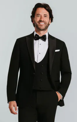 Schwarzer Slimfit Smoking mit Steigendem Revers, 3-Teilig