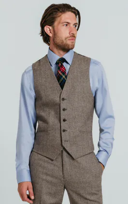 Braun Fischgrätenmuster Tweed Anzug Weste